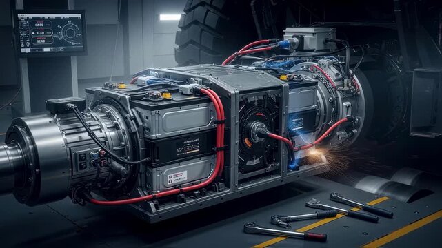 Industrial battery packs integrated with electric motors on a mining haul truck drivetrain undergoing torque and power validation in a dyno bay.