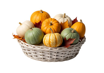 A collection of colorful gourds and pumpkins in a light beige wicker basket against a dark background.
