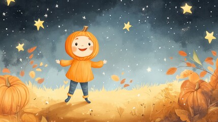 Child in pumpkin costume with stars and falling leaves illustration