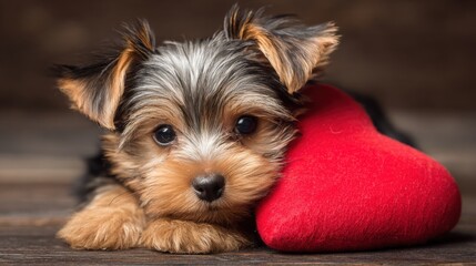 A cute, fluffy puppy relaxes with its head resting on a bright red heart plush toy. The warm lighting accentuates the puppy's features, creating a cozy atmosphere.