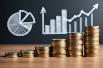 Growing stacks of gold coins in front of a dark background with a chalk drawn financial graph and pie chart symbolizing economic growth and investment success