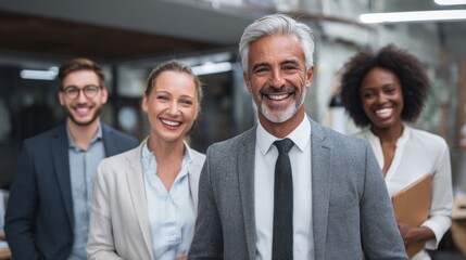 Group of four diverse professionals stands together in a dynamic office space. They display positive energy and enthusiasm while dressed in business attire.