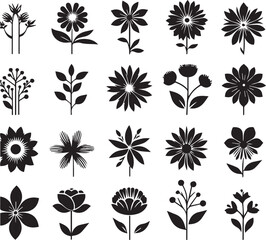 Black Minimalist Flower Silhouettes Icons