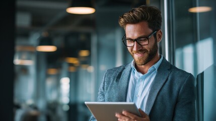 A well-dressed man smiles as he engages with a tablet in a bright office setting. Large windows let in natural light, enhancing the modern atmosphere.