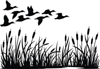 Silhouette of flying ducks over wetland reeds, vector nature illustration ideal for wildlife, hunting, lake scene, outdoor design, or natural habitat themes