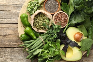 Superfood. Healthy food products on wooden table, top view