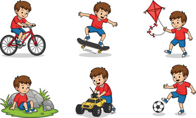 PrintCartoon boy enjoying outdoor activities riding bicycle, skateboarding, flying kite, hiking, playing soccer and remote‑control car in playful children’s vector illustration