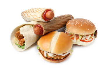 Delicious burgers, hot dogs and wrap isolated on white. Tasty fast food