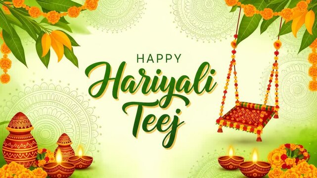 Colorful Hariyali Teej celebration with traditional decor, festive swings, and marigold blossoms
