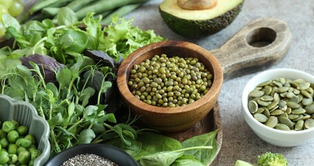 Superfood. Different healthy products on grey table, closeup