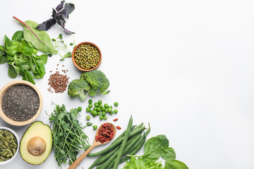 Superfood. Different healthy products on white background, flat lay. Space for text
