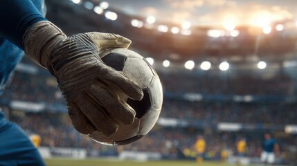 A goalkeeper stands poised, gripping a soccer ball in preparation for a critical moment in a competitive match. The excitement of fans fills the air as the game unfolds under bright stadium lights.