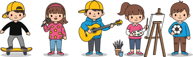 PrintCartoon children enjoying various hobbies including skateboarding, music, painting, and sports, promoting creativity, teamwork, self‑expression, and healthy active lifestyle illustration