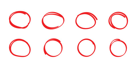 Red hand drawn doodle circle on isolated white background. 8 different shapes circle icon on white background. Isolated red line circle set. Vector isolated doodle icon set.  Modern vector doodle set.