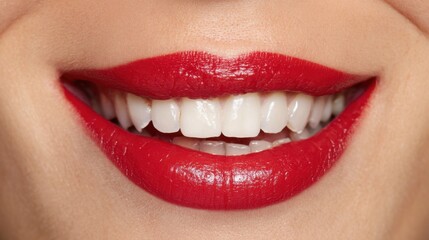 Obraz premium A close-up view captures a radiant smile adorned with striking red lipstick. The perfect white teeth complement the lively expression, showcasing joy and confidence.