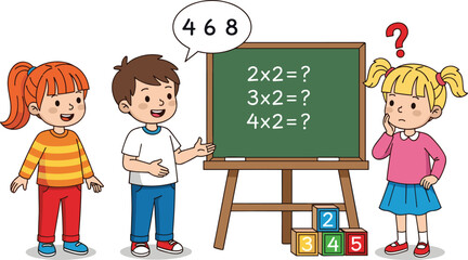 PrintCartoon children learning math at chalkboard with colorful blocks, multiplication problems, educational classroom scene promoting fun study and teamwork