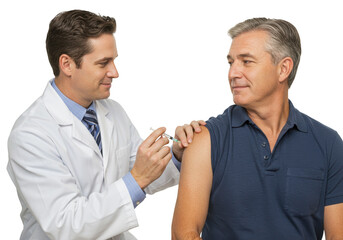 Fototapeta premium Doctor administering vaccine injection to patient s upper arm isolated on transparent background