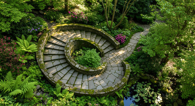 Aerial view of stone spiral staircase in lush green garden setting