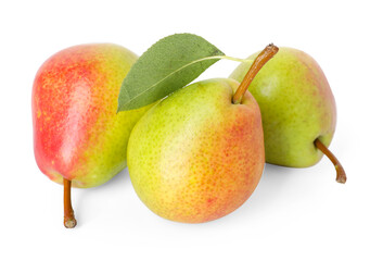 Ripe pears with leaf isolated on white