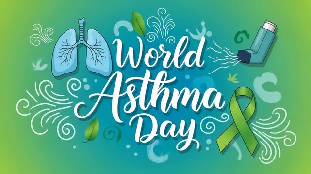 World asthma day celebration with inhalers and green ribbon animation