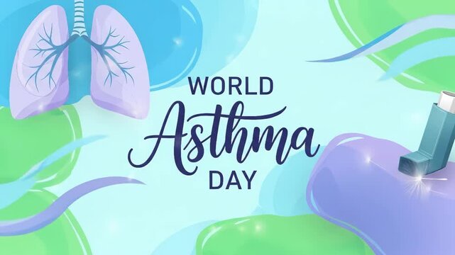 Celebrating world asthma day: vibrant animation with inhaler, lungs, and balloons