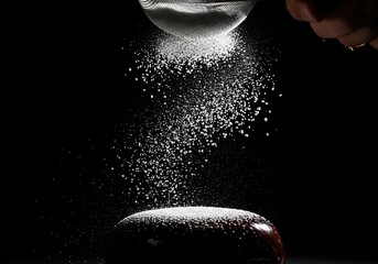 Sifting powdered sugar from a sieve onto a chocolate cake on a dramatic black background