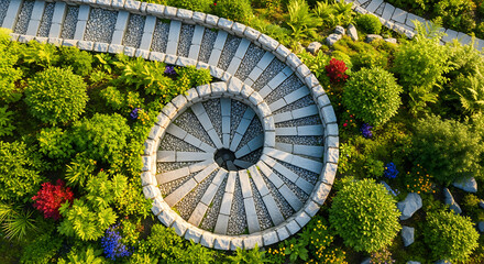Aerial view of a stone spiral staircase surrounded by green foliage