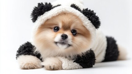 A small pomeranian puppy with fluffy fur lounges in a cozy panda costume, showcasing an adorable expression. The setting features a simple white background that highlights its playful demeanor.