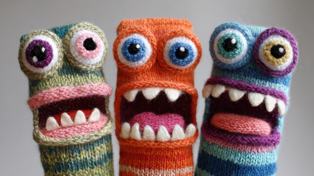 Three playful knitted sock creatures display vibrant colors and unique features, showcasing their quirky personalities with wide eyes and hilarious mouths.