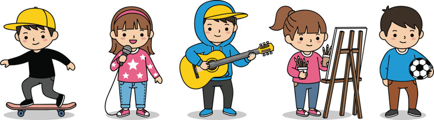 PrintCartoon Kids Enjoying Fun Hobbies Like Skateboarding, Singing, Playing Guitar, Painting, and Soccer – Creative Children Vector Illustration