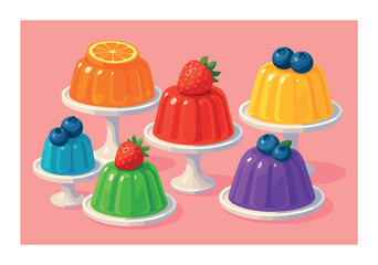 Colorful fruit-topped gelatin desserts on pedestals
