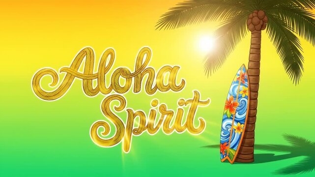 Tropical paradise animation with aloha spirit text and palm tree in vibrant sunset colors