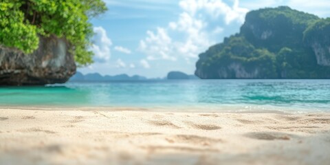 Tropical Paradise. Tranquil Blue Sea and Soft Sand Beach, Lush Greenery, Island View
