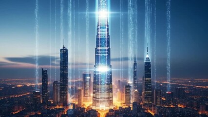 Futuristic cityscape with glowing skyscrapers and data streams, representing technological advancement, urban development and modern architecture - Powered by Adobe