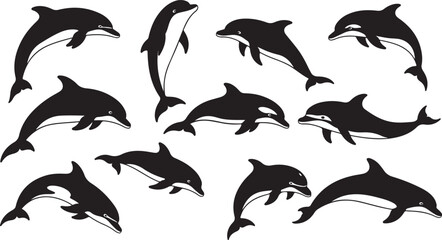 Naklejka premium Collection of Diverse Black Silhouette Dolphin Poses and Styles dolphins marine life