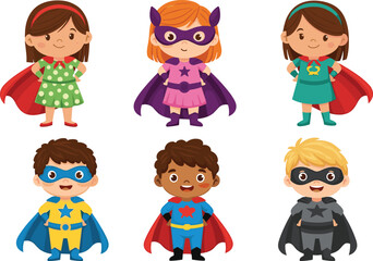 PrintColorful cartoon superhero kids in vibrant costumes standing confidently together, perfect for children’s illustrations, educational materials, and creative design projects