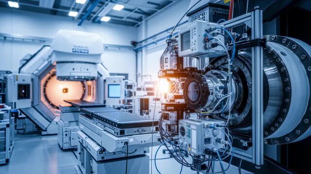 Focused view on diagnostic instrumentation integrated within a medical proton therapy beamline housed in a hightech assembly hall.