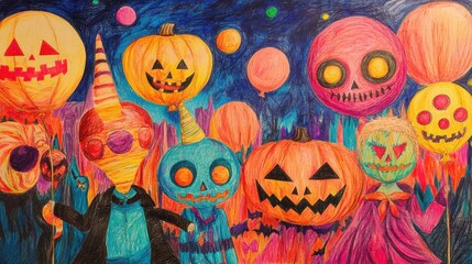 Halloween themed artwork with pumpkin balloons and costumed characters