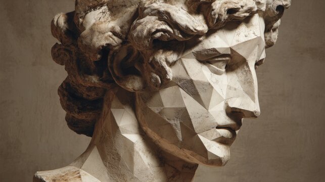 A detailed sculpture of a young man features elegant geometric shapes that highlight the artistry and craftsmanship. The soft background enhances the focus on the intricate features of the work. - Powered by Adobe