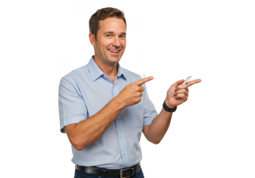 Smiling man in light blue shirt pointing to the right isolated on transparent background