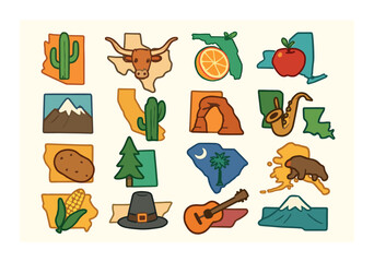 Vector art of us state symbols featuring landscapes and icons