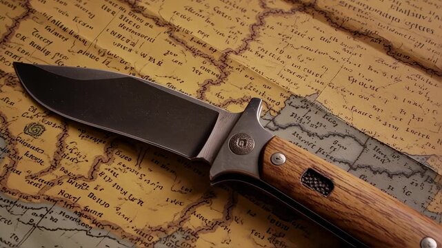 Unfolding Adventure: Rustic Folding Knife Blade Rests on an Ancient Parchment Map, Guiding Exploration and Discovery