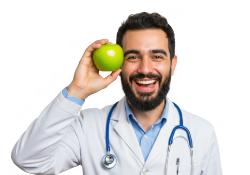 Smiling bearded doctor holding a bright green apple over his eye isolated on transparent background - Powered by Adobe