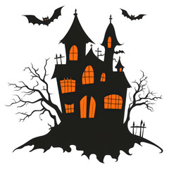 Black and orange house with bats flying around it