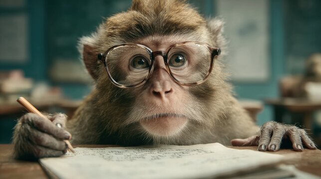 A monkey with glasses is focused on writing notes at a desk in a classroom filled with books and educational materials, showcasing a moment of learning.