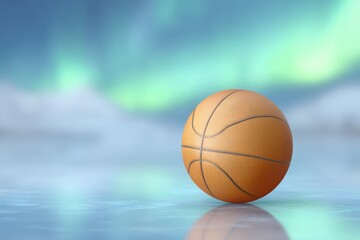 Basketball on Ice with Northern Lights in Background Creates Unique and Stunning Sports Scene