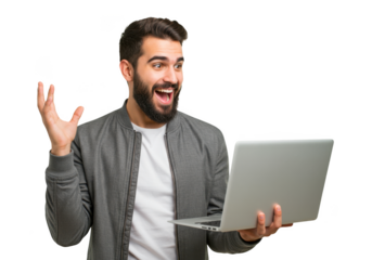 Excited man with laptop gesturing wildly with one hand isolated on transparent background