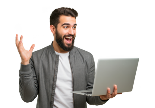 Excited man with laptop gesturing wildly with one hand isolated on transparent background