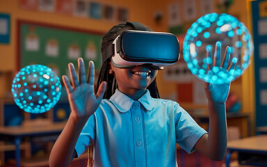 Girl wearing vr headset interacting with virtual spheres on transparent background