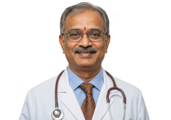 Smiling indian male doctor wearing glasses and stethoscope isolated on transparent background